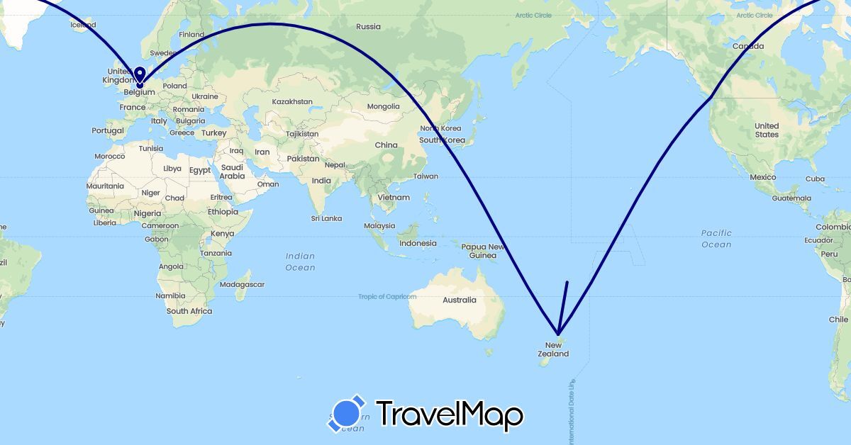 TravelMap itinerary: driving, plane in Canada, Fiji, South Korea, Netherlands, New Zealand (Asia, Europe, North America, Oceania)
